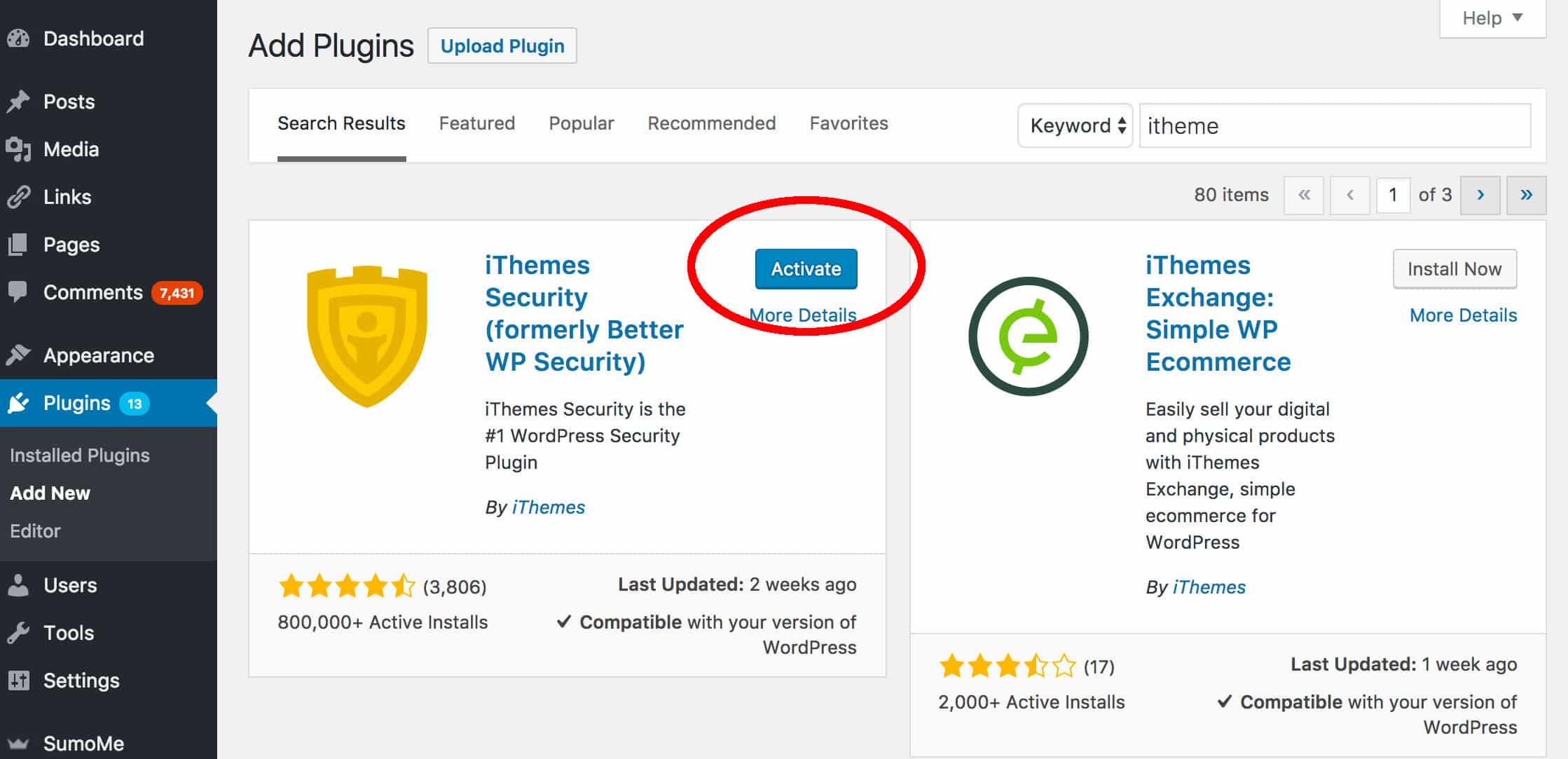 Activating iThemes Security Plugin